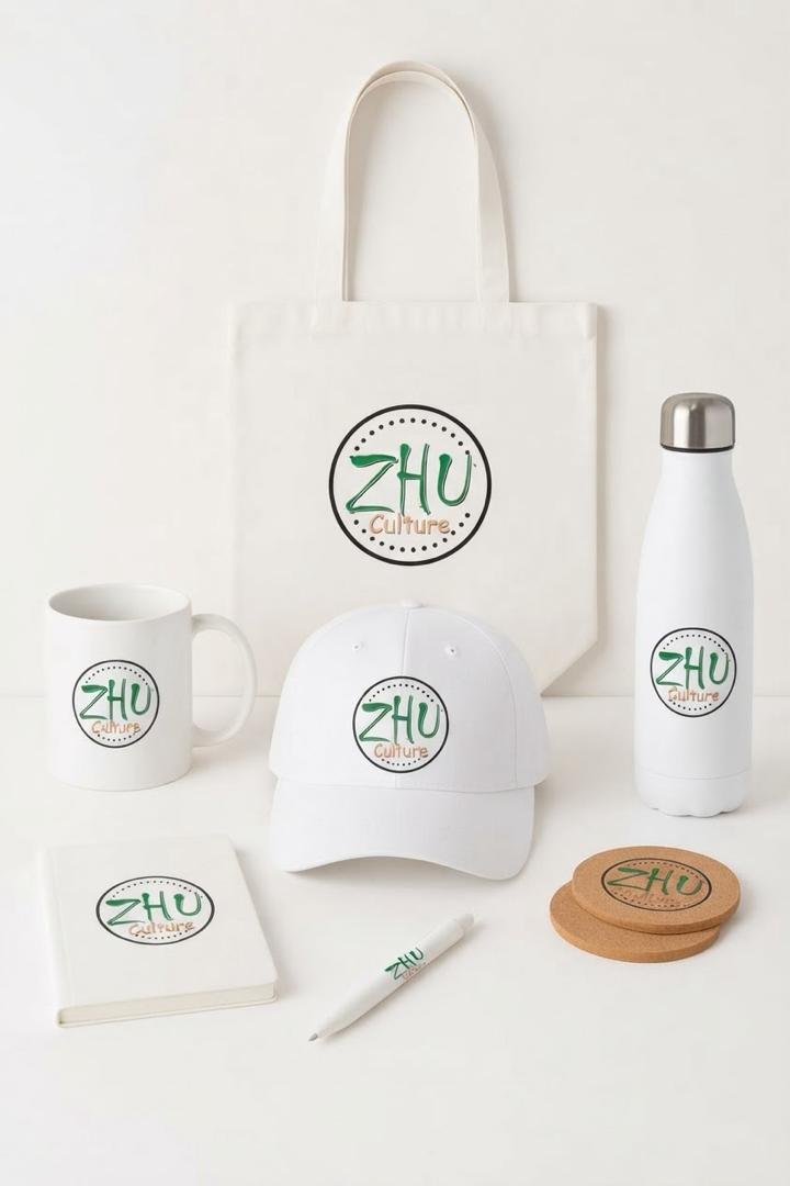 La collection Blanche : tote bag, mug, casquette, gourde, carnet, stylo et dessous de verre blancs, logo Zhu Culture dans un médaillon